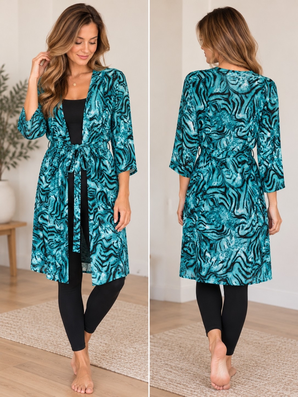 Josie Natori Turquoise Animal Print Wrap Robe Kimono✨️